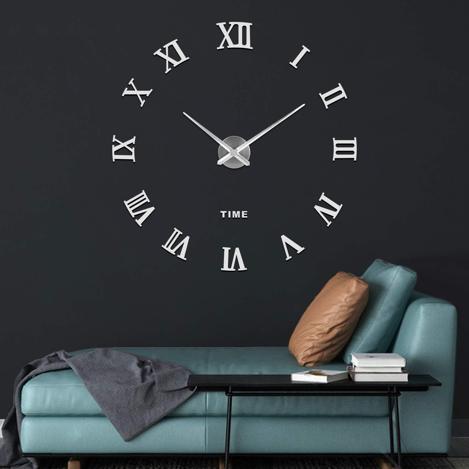 SOLEDI 3D DIY Wall Clock, Roman Numerals Clock Frameless Mirror Surface Wall Sticker Home Décor for Living Room Bedroom, Silver