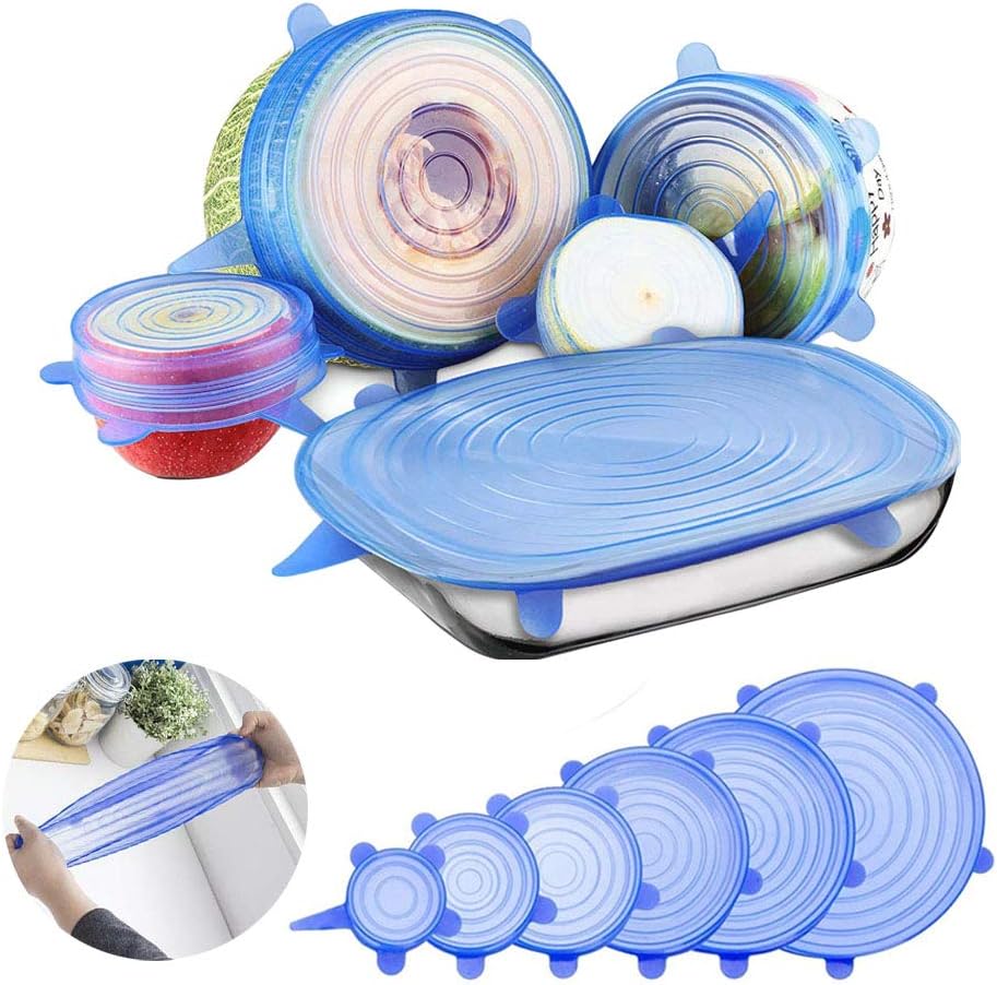 Silicone Stretch Lids, Adomor 6 Pack Various Size [BPA -free] Durable and Expandable Reusable Silicone Stretch food covers for Platters Dishes Jars Bowls and Fruits Freezable Microwavable Cover (Blue)