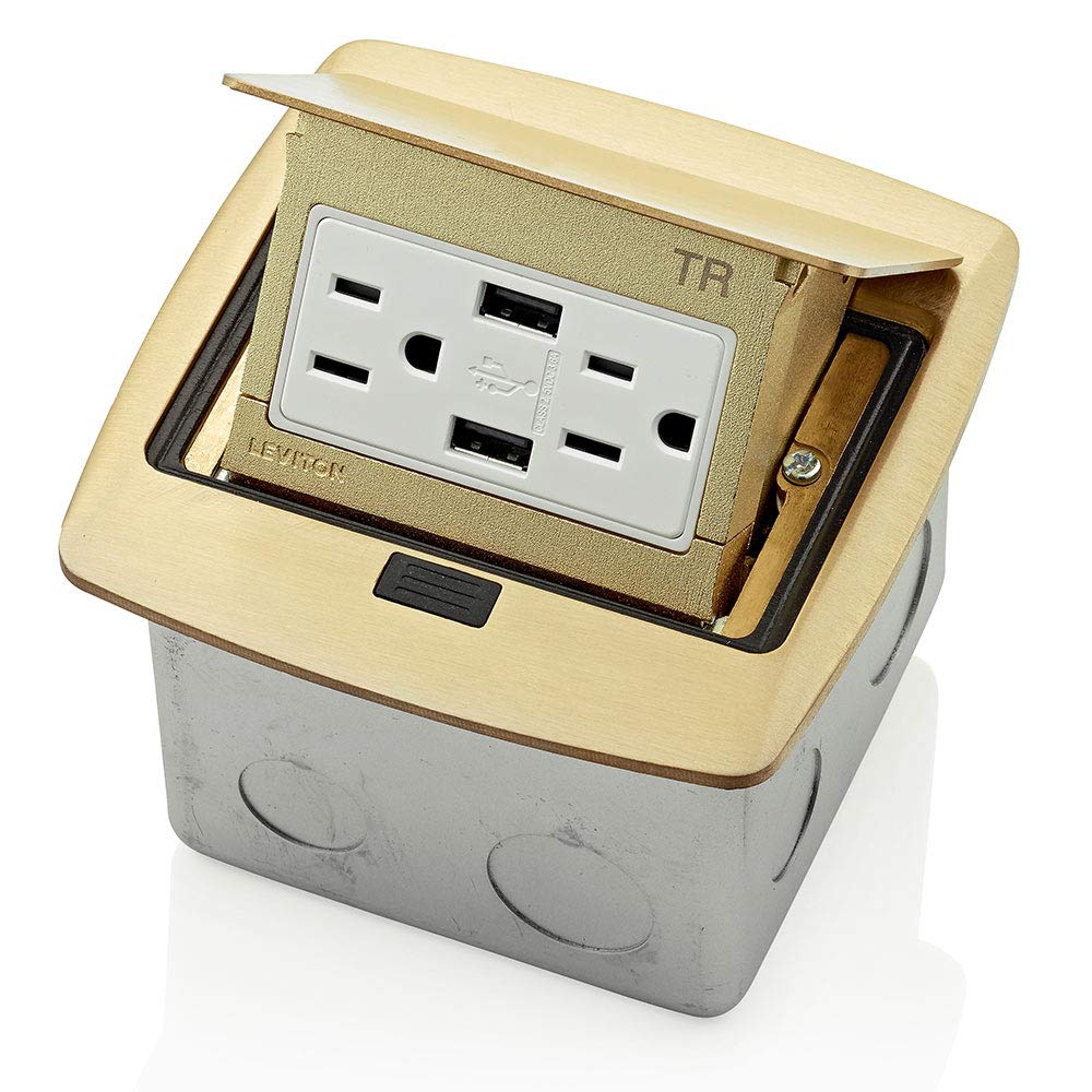 Photo 1 of Leviton Pop-Up Floor Box with Dual Type A, 3.6 USB Charger, 15 Amp Outlet, Brass, PFUS1-BR