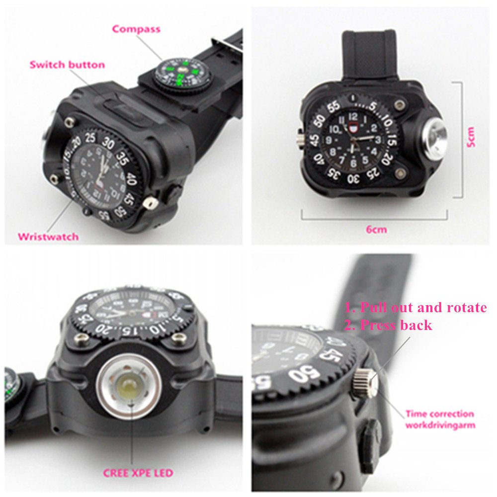 Rechargeable 350 Lumens Led Torch Wrist Light, Waterproof Watch Flashlight with Compass Tactical Flashlights for Outdoor Running, Hiking, Camping, Biking, Mountain Climbing for Birthday Gift