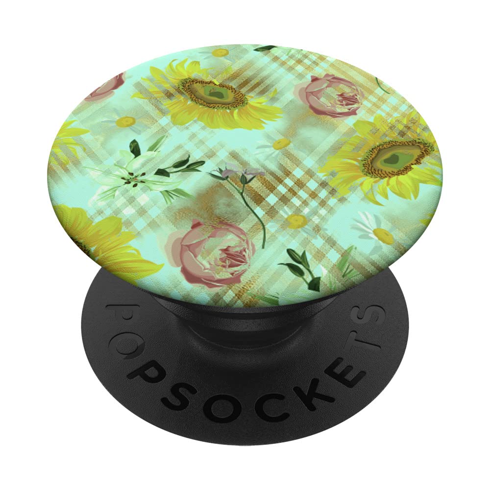 Vintage Sunflower Rose Antique Aqua Golden Check Pattern PopSockets Swappable PopGrip