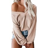 Tobrief Women's V Neck Long Sleeve Waffle Knit Tops Off Shoulder Oversized Pullover Sweater
