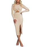 Pink Queen Women's Cutout Twist Front Bodycon Dress 2025 Long Sleeve High Waist Ribbed Knit Slit Clubwear Party Midi Dresses