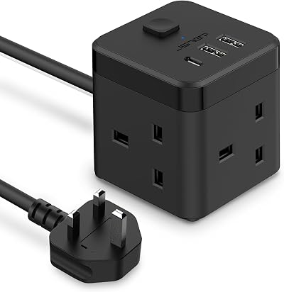 JSVER Cube Extension Lead with 3 USB Ports 5V 2.4A 200cm Cable Black