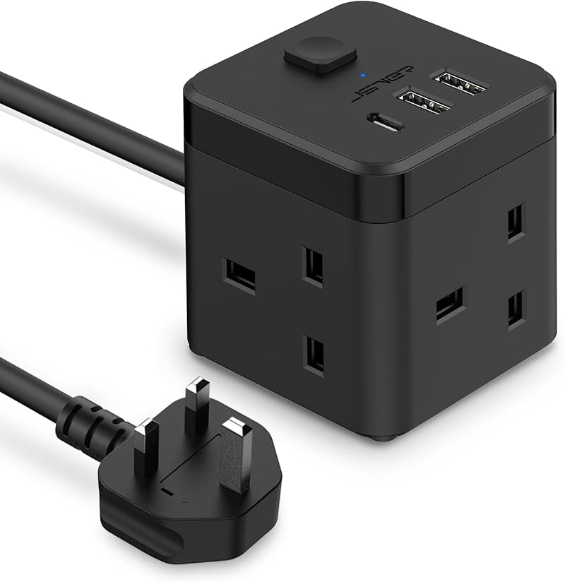 JSVER Cube Extension Lead with 3 USB Ports 5V 2.4A 200cm Cable Black
