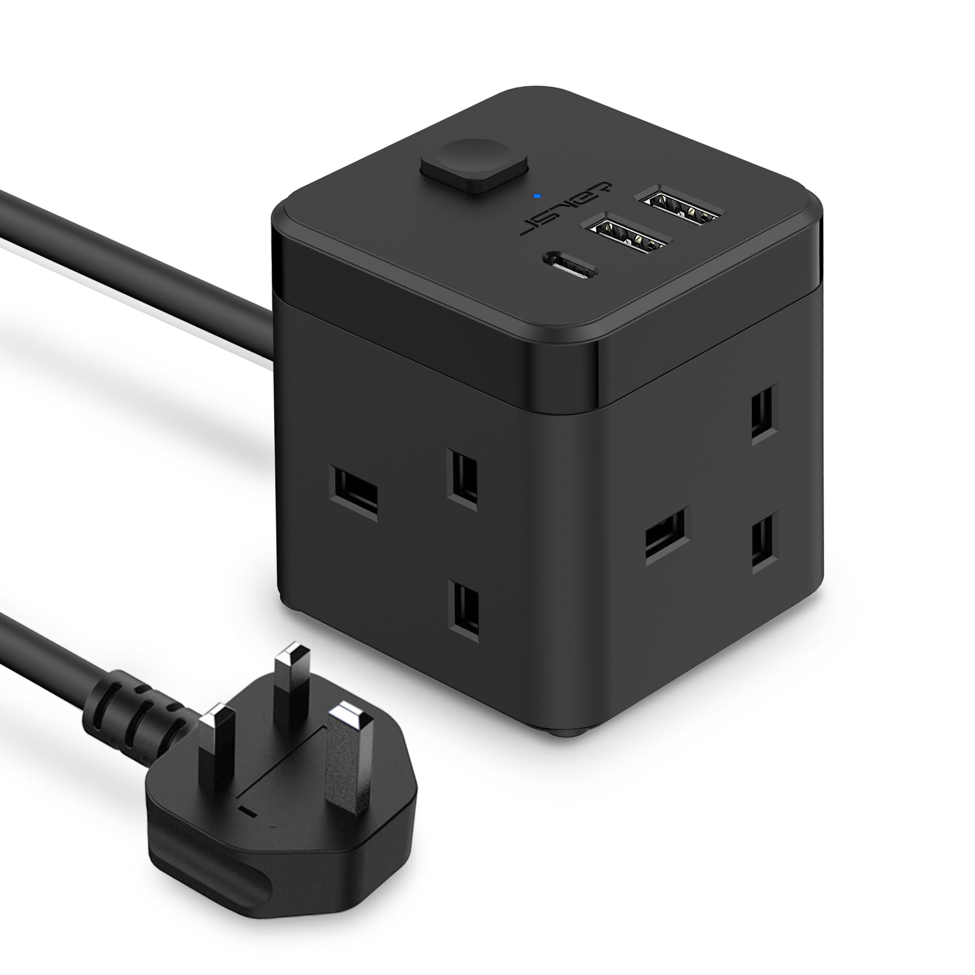 JSVER Cube Extension Lead with 3 USB Ports (5V/2.4A) 3 Outlet Power Strip with Switch Power Socket with 200cm Cable for Home, Office, Hotel, Travel -Black
