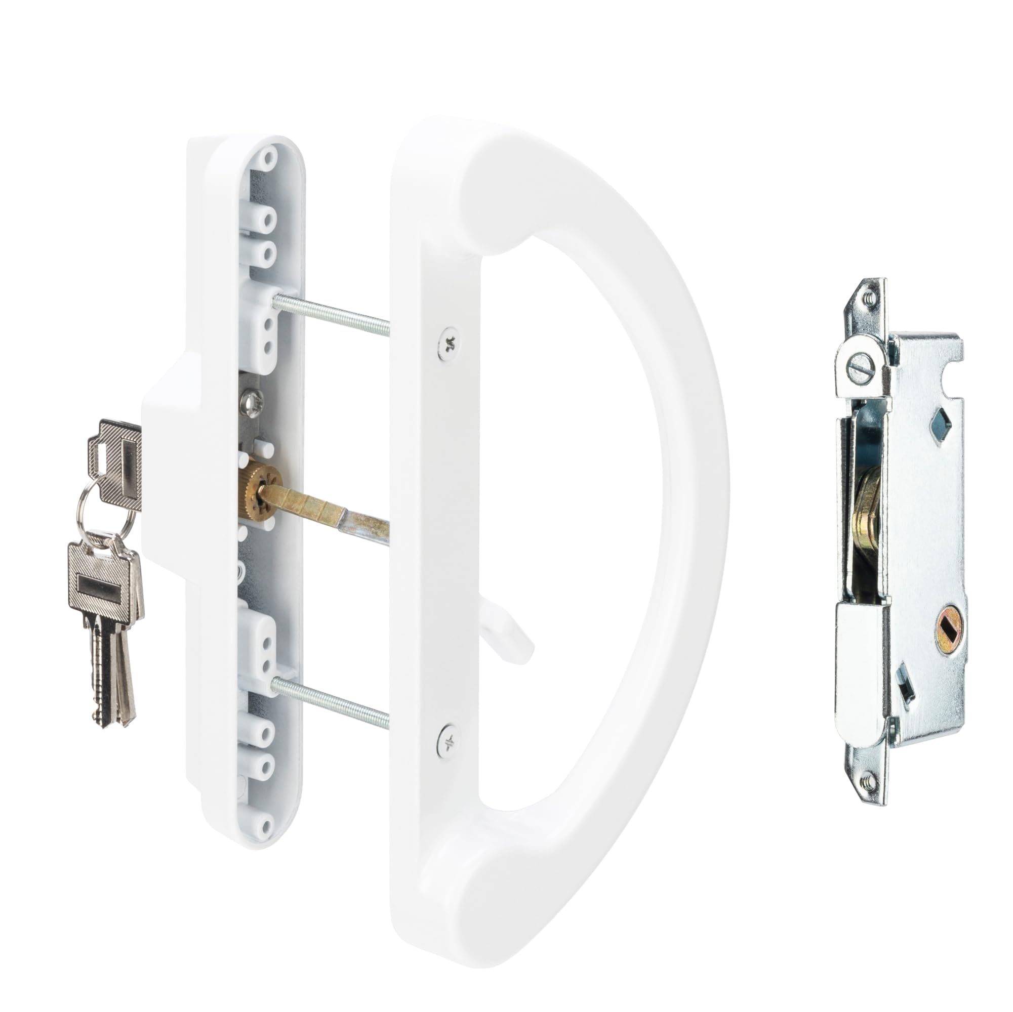 Photo 1 of SANKINS Sliding Patio Door Handle Pull Set with Key Cylinder, Replacement Sliding Door Handle with Mortise Lock for Sliding Glass Door Handle, Fits Hole Pitch Doors with 3-15/16 Inch Hole Pitch, White