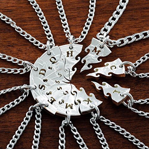10 Puzzle Piece Silver Necklaces, Weding party gifts, Interlocking Jewelry set, Hand Cut Silver dollar