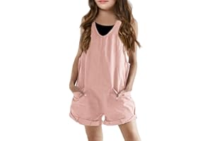 Haloumoning Girls Overall Shorts Kids Summer Fashion Sleeveless Low Back Rompers with Big Pockets