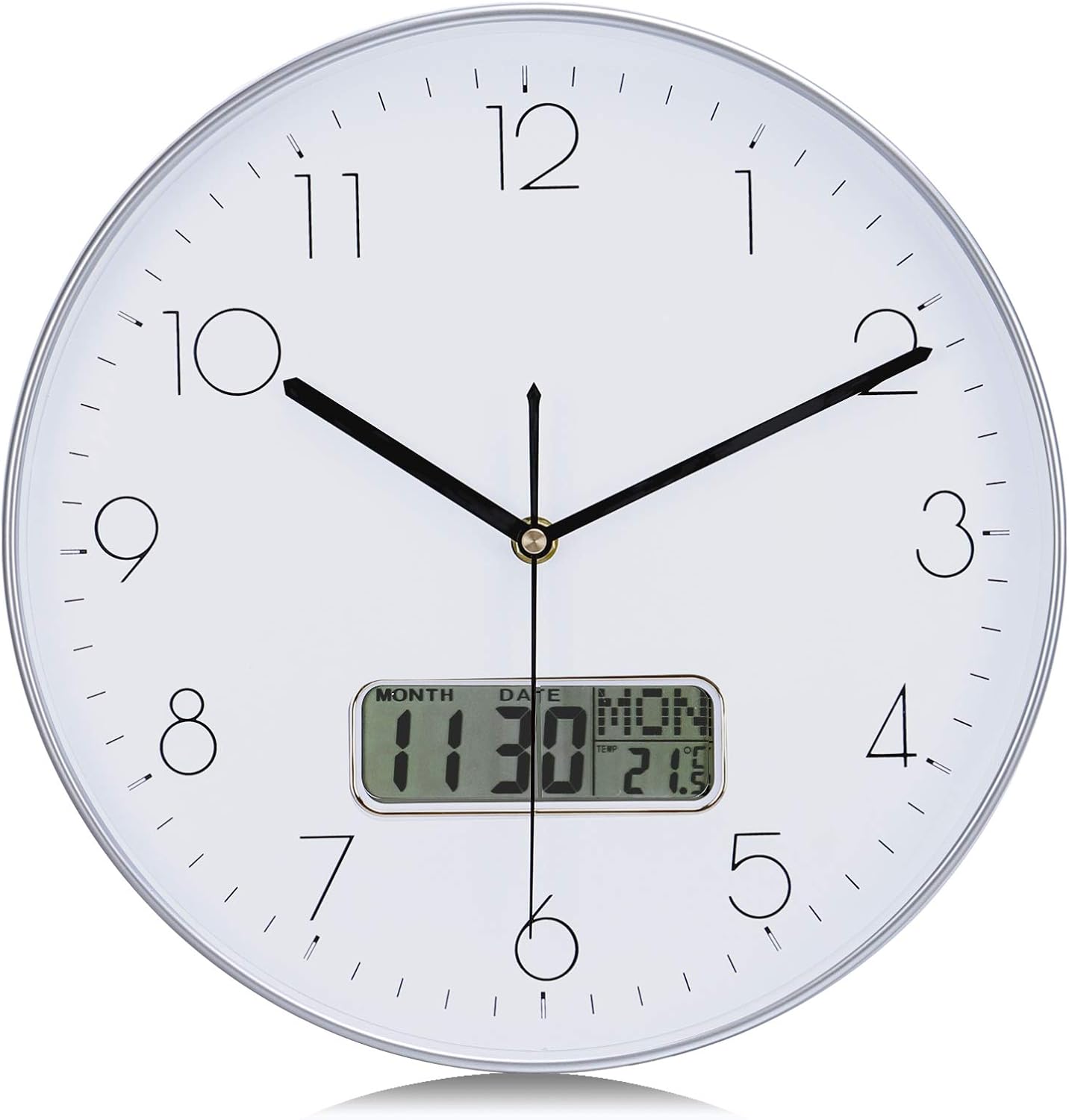 Lafocuse 12 Inch Silent Silver Wall Clock with Date and Day, Temperature, Day of Week - Image 3
