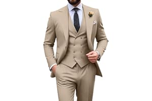 HUEZOE Mens Suit Slim Fit 3 Piece Double Breasted Suit Men Formal Tuxedo Set Casual Wedding Prom Groom Suits