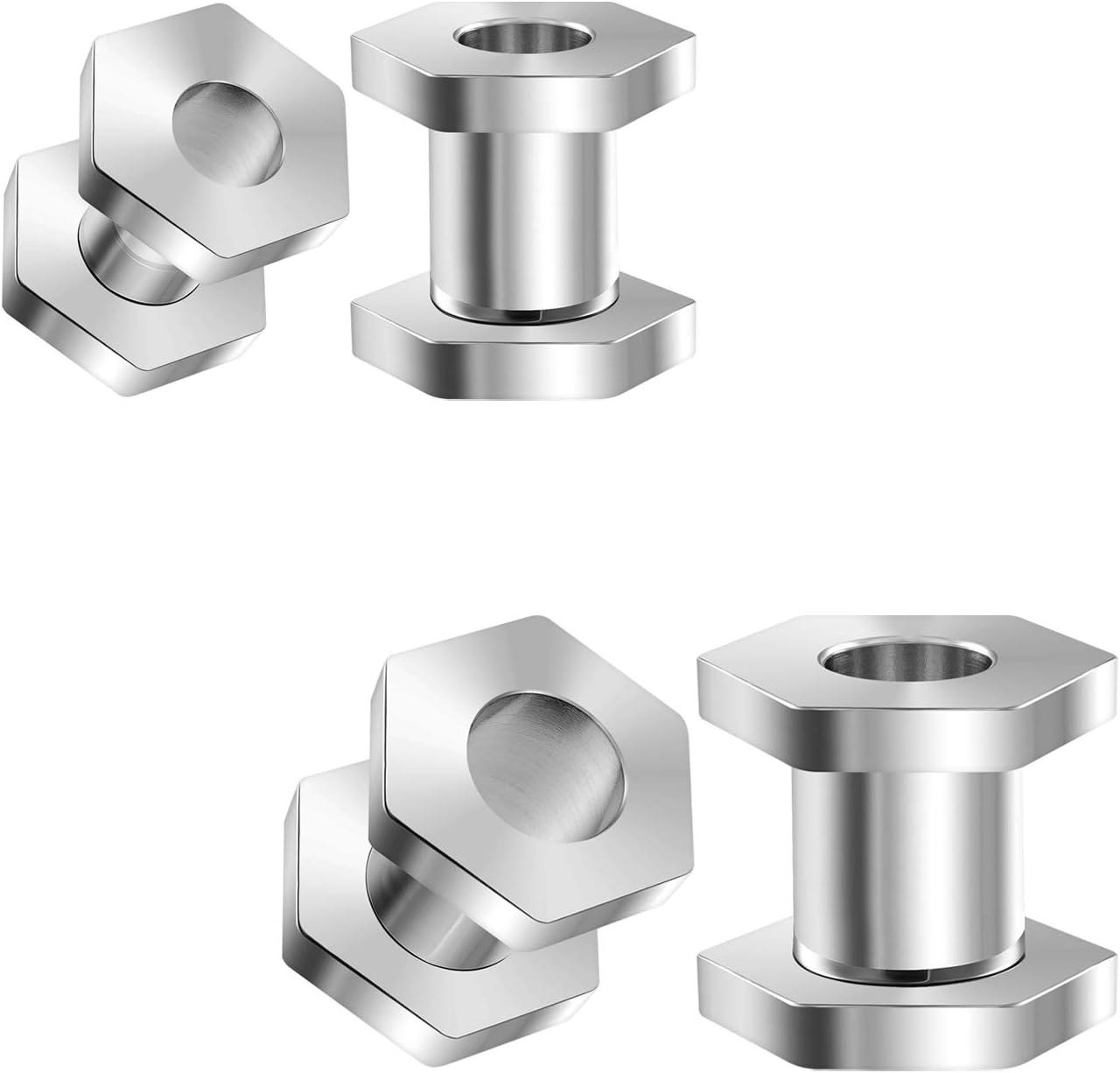 2 Pairs 316L Surgical Steel Tunnels Screw Piercing Jewelry Stretcher Ear Plugs Earring Lobe Flesh Hexagon Tunnel