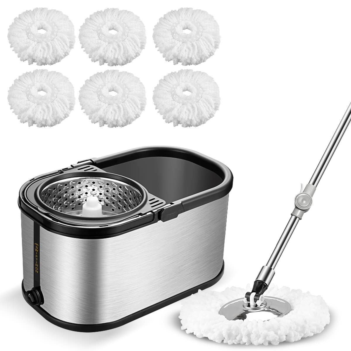 Photo 1 of (see all images) Spin Mop Bucket System Stainless Steel Bucket and Mop Set with 6 Microfiber Replacement Head Refills, Floor Mop with 4 Wheel