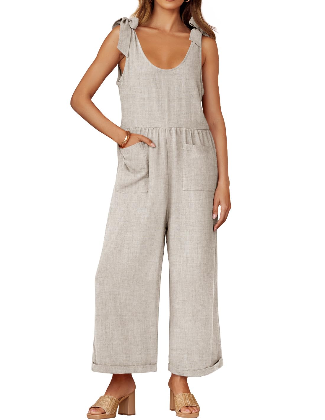Photo 1 of (MEDIUM) (BAGGED) ZESICA Women's Summer Loose Sleeveless Jumpsuits Linen Adjustable Straps Oversized Wide Leg Long Overall Rompers with Pockets,Apricot,Medium