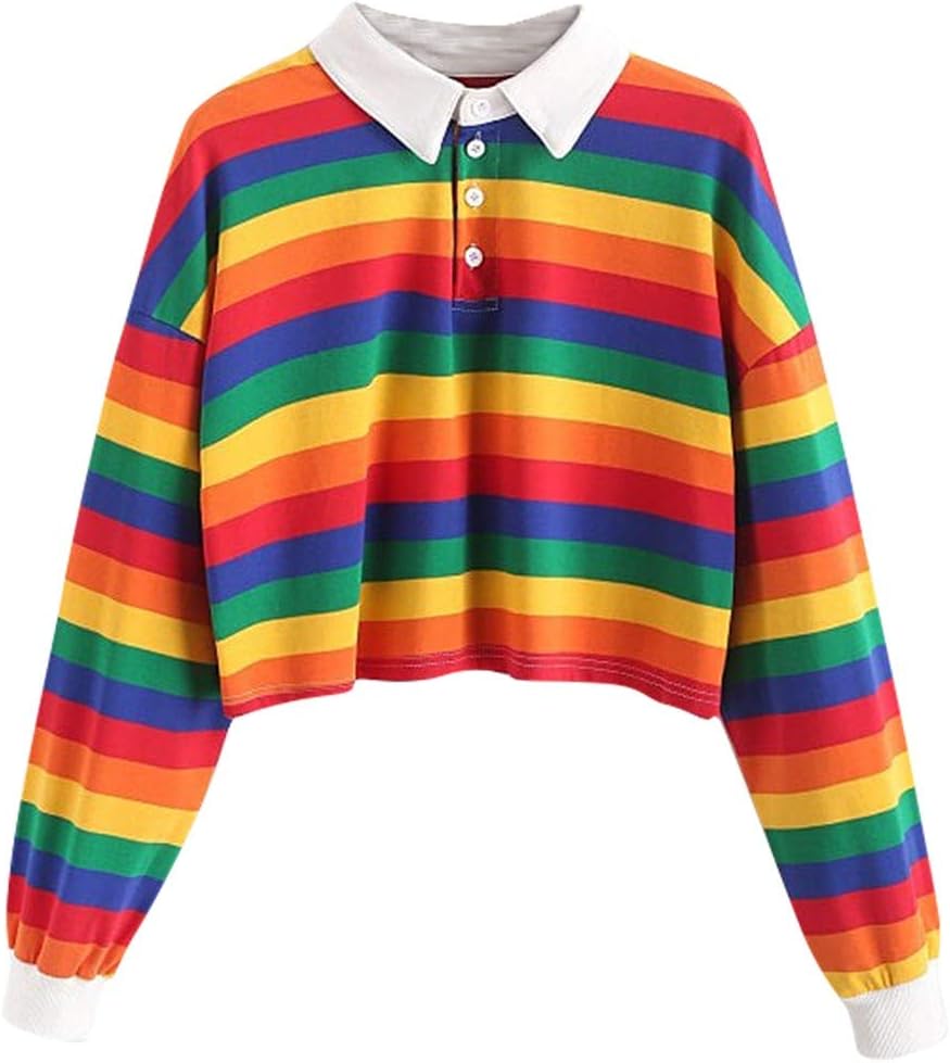 Fashion Womens Long Sleeves Turtleneck Rainbow Striped Zipper Tops Blouse T-Shirt (M, Multicolor)