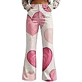 Womens Baggy Jeans, Valentine Pants for Women Heart Print Wide Leg Loost Fit Plus Size Y2K Denim Pants, S-5XL