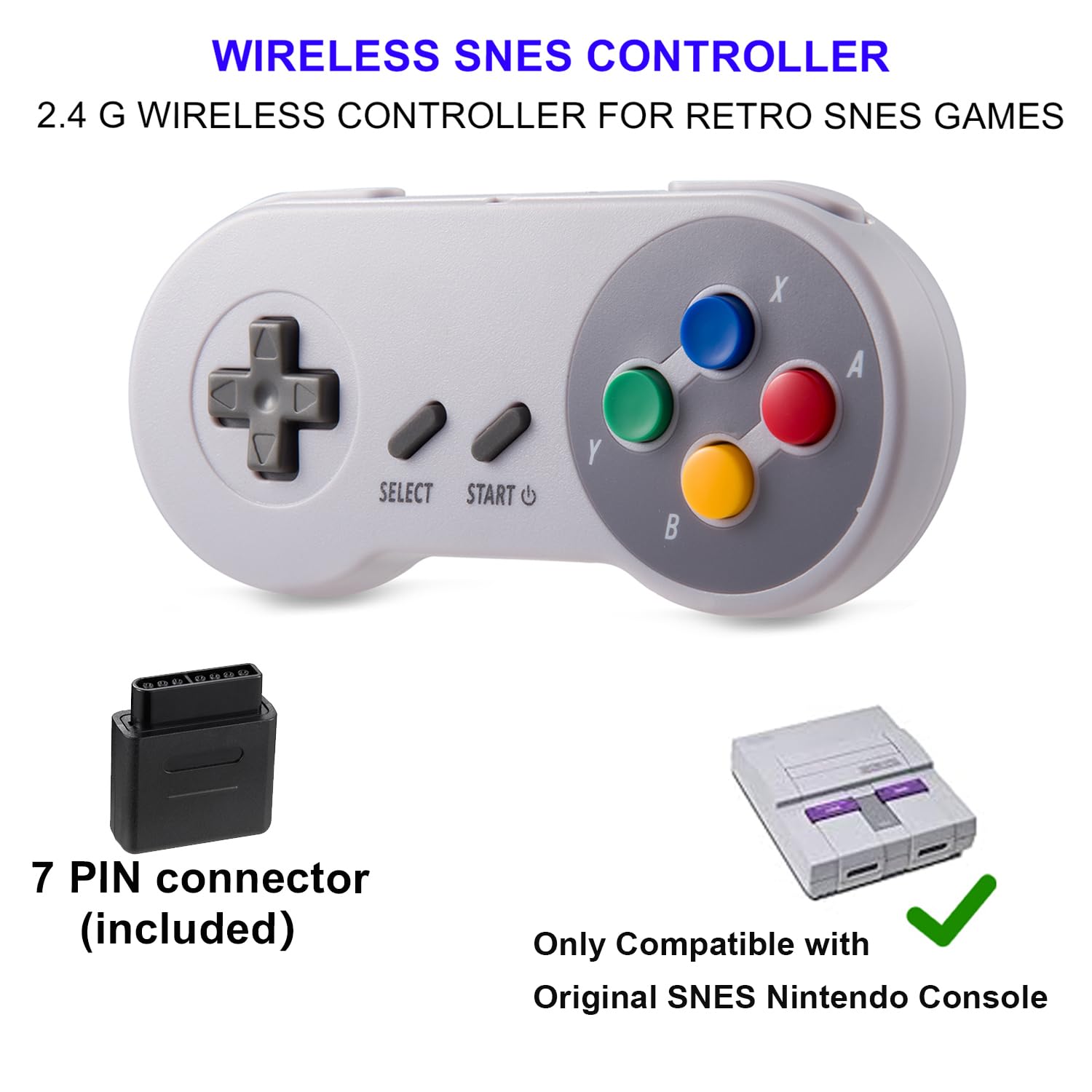 KIWITATA 2 Pack Wireless Controller for SNES Original Console, 2.4GHz Rechargeable Wireless SNES Remote Gamepad for SNES Nintendo Entertainment System Console-7 Pin Connector