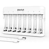 Dlyfull 8 Bay AA AAA Battery Charger with USB-C High-Speed Charging, Independent Slot for 1.2V Ni-MH Ni-CD Rechargeable Batteries, Cable Included