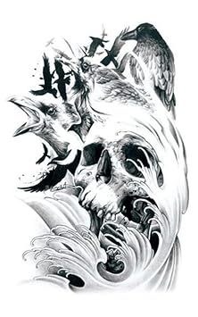 EROSPA® Tattoo-Bogen temporär- Totenkopf Rabe Krähe Wasser Wellen Schädel