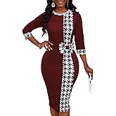 Women's 3/4 Sleeve Round Neck Casual Houndstooth Bodycon Wear to Work Pencil Sheath Midi Dresses