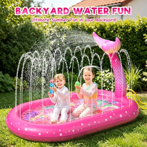Inflatable Paddling Pool for Kids, Splash Pad for Kids, 3 in 1 Mermaid Pattern Kids Pool Inflatables, Thickened Material with Water Pipe, Backyard Summer Water Toys for Boys and Girls Age 1+