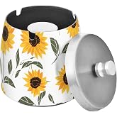Cute Sunflowers White Print Ashtray with Lid, Outdoor Ashtrays for Patio, Stainless Steel Ashtray Odorless Smokeless for Home Office Balcony