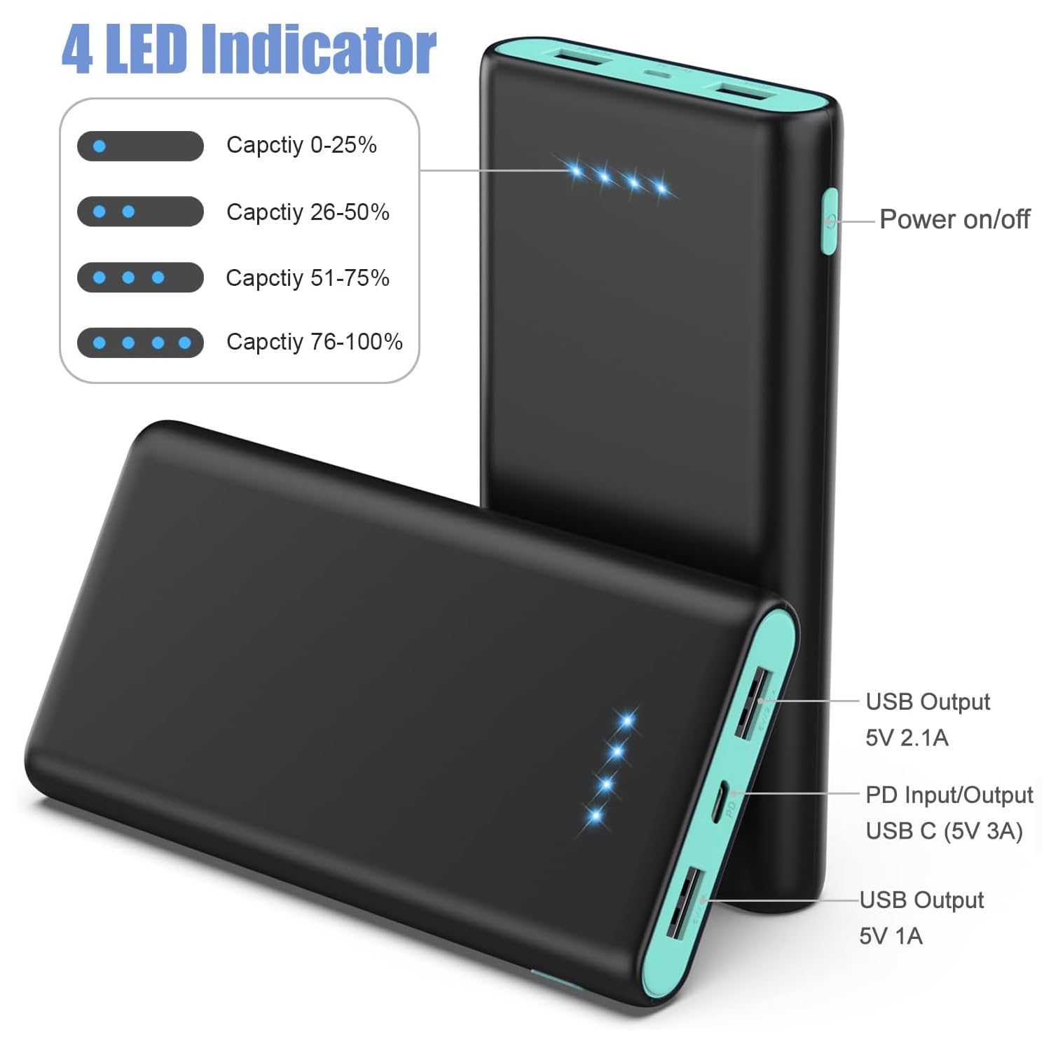 Portable Charger Power Bank 25,800mAh,5V/3A USB C in&Out Fast Phone Charging with Intelligent Smart IC,3 USB Port External Cell Phone Battery Pack Compatible with iPhone 16 15 14,GalaxyAndroid-Green
