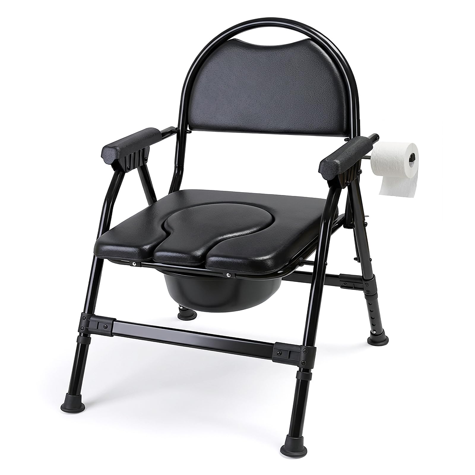 Photo 1 of 4-in-1 Folding Bedside Commode Chair with Seat Cover, Tool-Free Assembly Portable Toilet for Adults, Adjustable Height Bedside Commode for Seniors with Handles, 330lbs Support (Black)