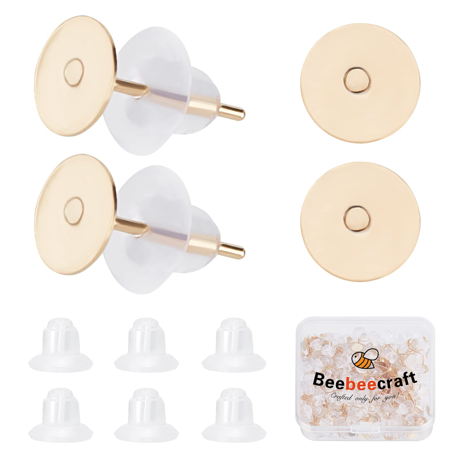 Beebeecraft 200Pcs/Box 24K Gold Plated Stainless Steel Stud Earring Bezel Post Kit with 200Pcs Plastic Ear Nuts for DIY Jewelry Making (Gold, 6mm Tray)