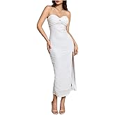 SHENHE Women's Strapless Bodycon Dress Split Hem Knot Front Textured Long Tube Fall Outfits Dresses