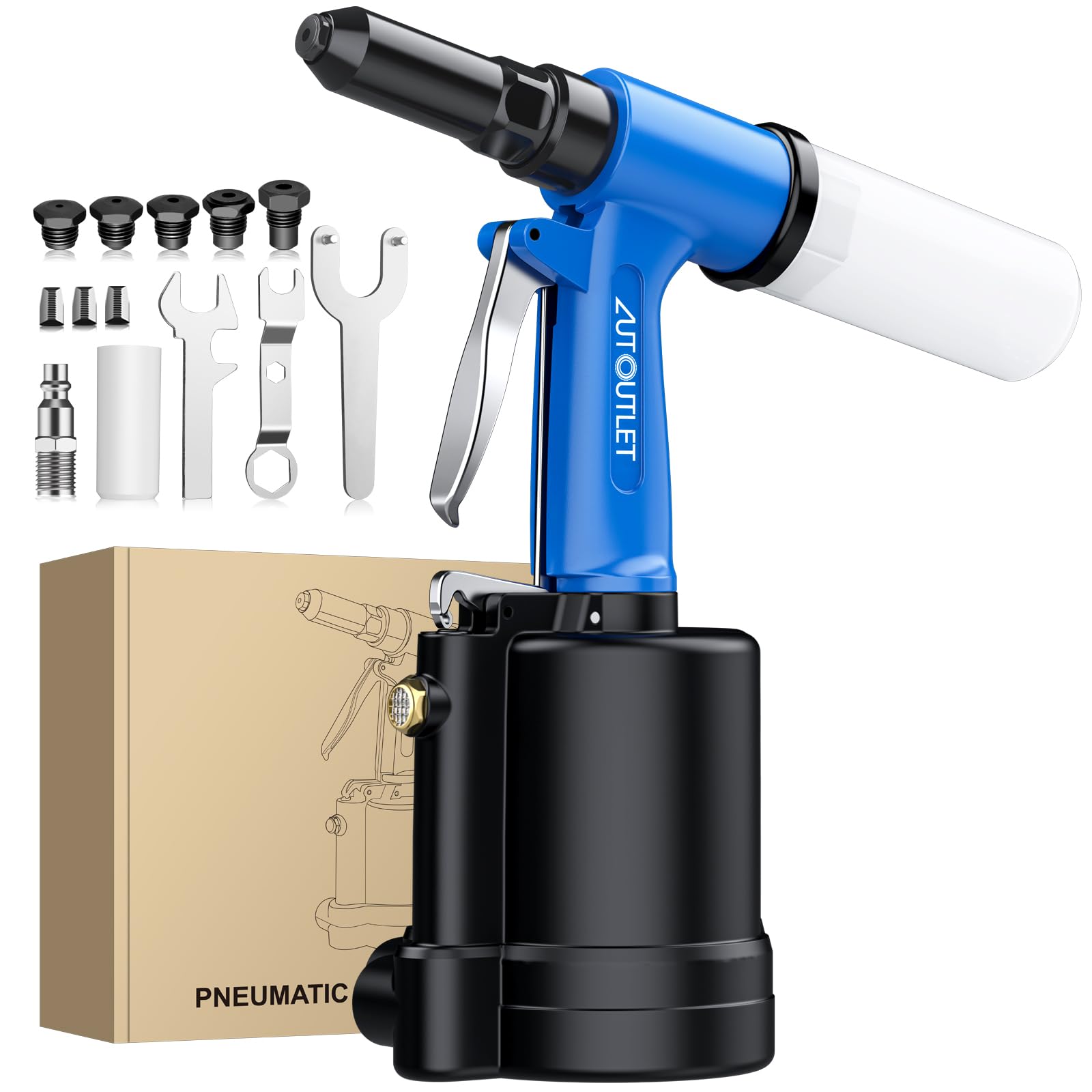 AUTOUTLET Pneumatic Rivet Gun Blue 2.4 mm(3/32") 3.2 mm (1/8") 4 mm (5/32") 4.8 mm (3/16") 6.4 mm (1/4") Max 1780 KGF Pulling Pressure Ideal for Home, Renovation, Industry, and Auto Repair