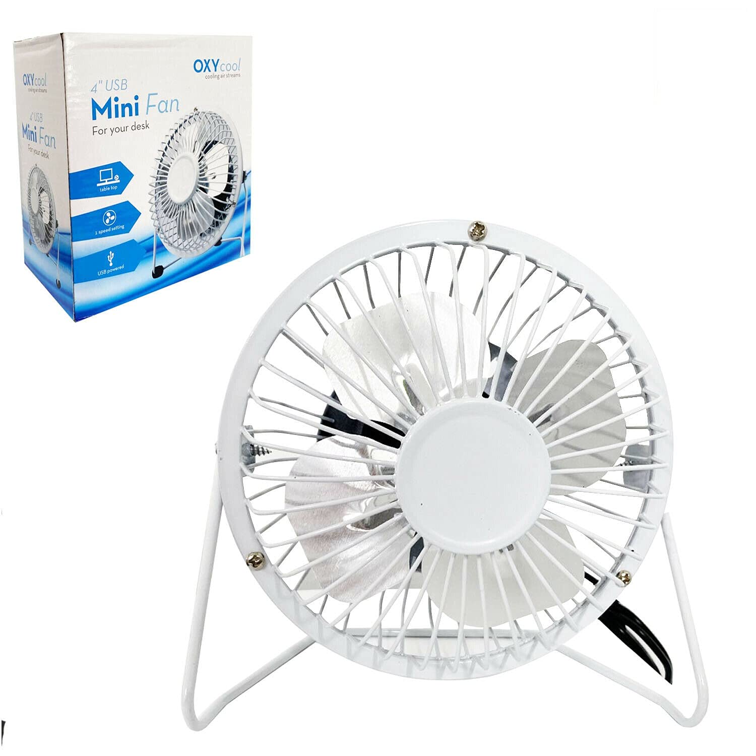 White Metal Mini Desk Fan (10 cm) - USB-Powered, Single Speed, & Adjustable Tilt, Ideal for Office, Home, Travel, & More - Single Piece