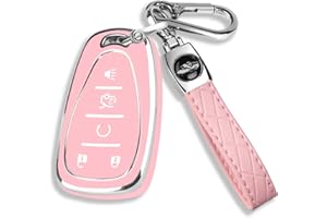 QBUC for Chevy Key Fob Cover with Leather Keychain Soft TPU Protection Case Compatible with 2016-2026 Chevy Malibu Blazer Traverse Equinox Trailblazer 5-Buttons(Chrome Trim Pink)