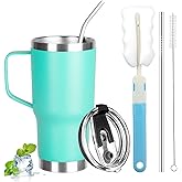 GUDEMAO 20 oz Tumbler with Handle, Stainless Steel Insulated Tumbler with Lid and Straw, Double Wall Vacuum Coffee Mug Tumbler, Insulated Coffee Thermal Cup for Cold and Hot (Mint Green)