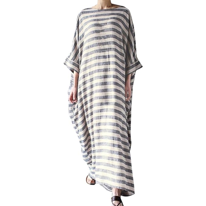 Damen Kleid Frauen Gestreift 3/4-Arm Boho Rundhalsausschnitt beiläufige lose Kaftan Lange Maxi Kleid