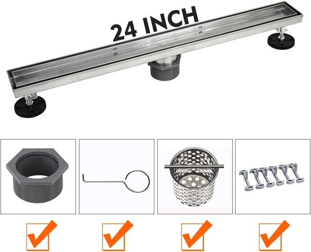 KDrain 24" Linear Shower Drain with Tile Insert Grate, Brushed Nickel