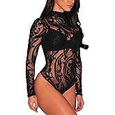 JomeDesign Women Black Sheer Mesh Long Sleeve Jumpsuit Bodysuits Clubwear