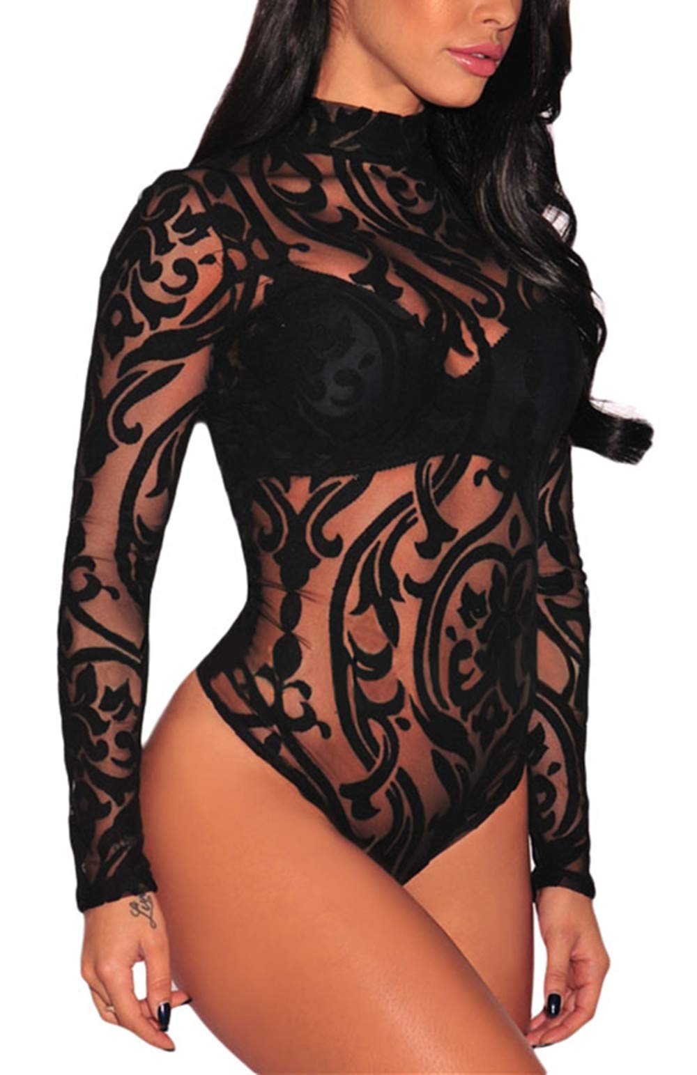 JomeDesign Body para Mujer Manga Larga Sexy Clubwear Body de Malla Transparente Negra Lencería Grande