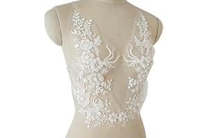 BETITETO 3D Flower Embroidery Lace Trim White Sequin Bead Floral Embroidered Sew on Applique Patches for Bridal Wedding Dress Gown Bodice Costume Craft DIY, 1 Pairs (White)