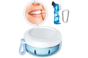 SEANCHEER Denture Bath Case, Denture Cup, Leak Proof Portable Retainer Case, Denture Cleaning Kit with Cleaner Brush, Denture Box with Strainer & Mirror, Denture Case for Aligner Retainer Mouth Guard (Blue)