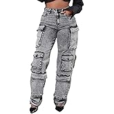 Women's Wide Leg Jeans High Waisted Cargo Pocket Baggy Stretchy Casual Denim Pants