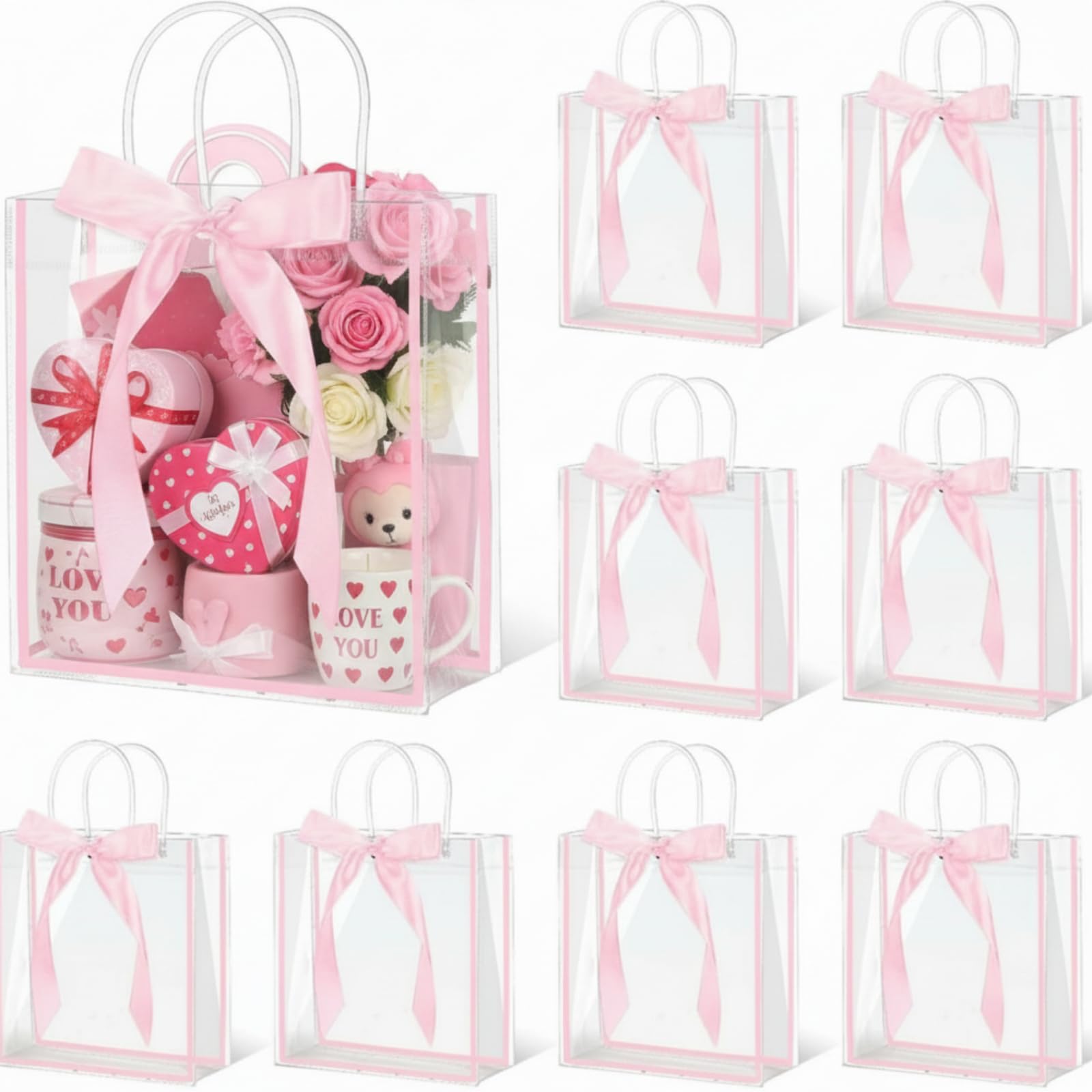 Photo 1 of 24 Pcs Clear Gift Bags with Handle, Plastic Party Favor Bags with Bow Ribbon, Reusable Candy Treat Goodie Tote for Valentine's Day Wedding Bridesmaid Baby Shower Birthday, 8 x 8 x 3 Inches(Pink)