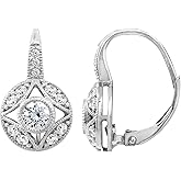 14K Plated Yellow Gold, Platinum Plated 925 Sterling Silver Leverback Antique Earrings for Women | 1 Carat Round Cut Cubic Zirconia CZ Simulated Diamond