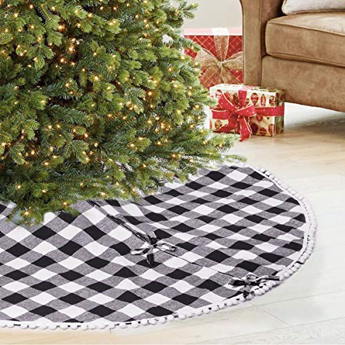 SevenFish 48 inch Buffalo Plaid Christmas Tree Skirt Black and White Buffalo Check Tree Skirt with Pom Pom for Christmas Decorations