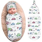 Car Theme Baby Stuff Newborn Swaddle Blanket with Beanie Set, Soft and Stretchy Baby Blanket Swaddle Sack for Boy and Girl