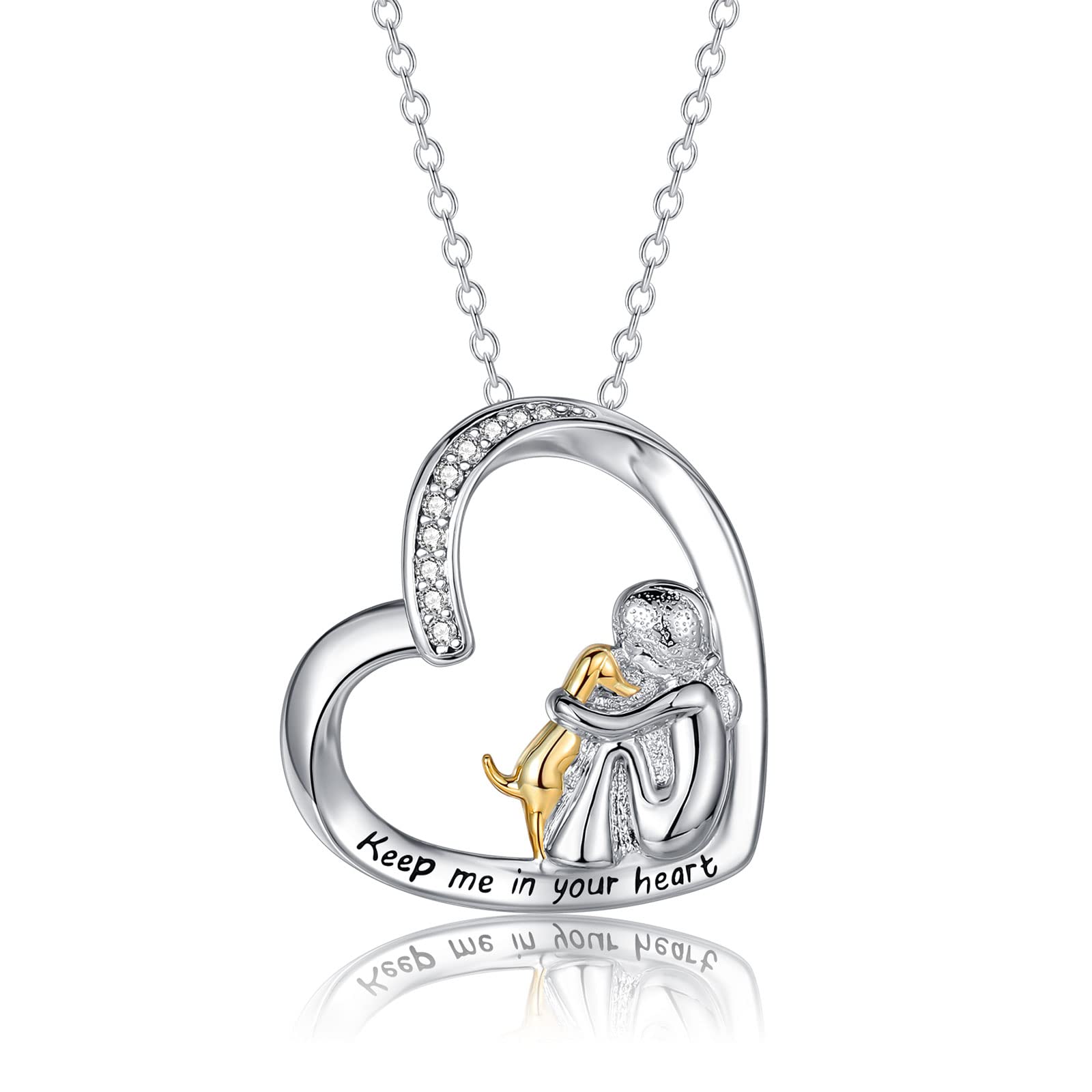 USEEDOVIA Girls and Dog Necklace Gifts for Women | Sterling Silver Heart Pendant With Cubic Zirconia Necklaces Jewelry Birthday Friendship Memorial Gifts for Dog Lovers Friends Teens