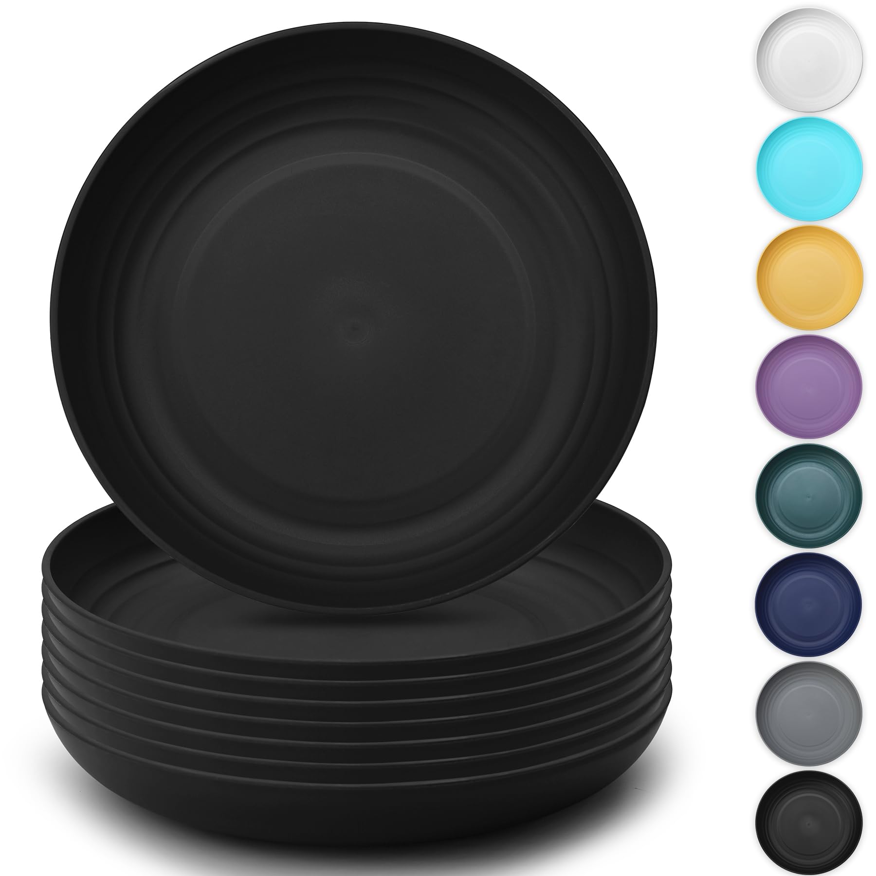 Kyraton Large Deep Plastic Plates 8 Pieces, 9 Inch Dinner Plates, Unbreakable and Reusable Light Weight Dinner Plates Pasta and Dumpling Bowl Microwave Safe