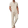 COOFANDY Men 2 Piece Linen Outfit Beach Button Down Shirt Casual Loose Pant Sets