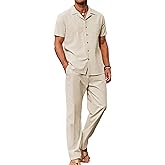 COOFANDY Men 2 Piece Linen Outfit Beach Button Down Shirt Casual Loose Pant Sets