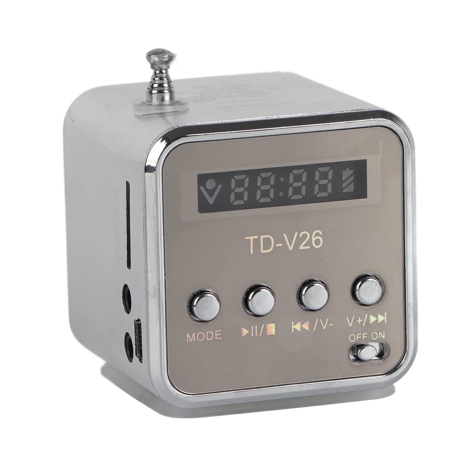 Mini Speaker, Portable FM Radio Stereo Speaker, 3.5mm Headphone Jack Music Player Support TF Card and U Disk for Home/Travel/Sports(Silver)